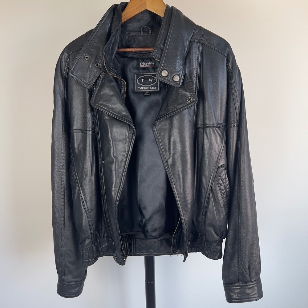 Vintage Tannery West Mens Black Leather Bomber Jacket Thinsulate L Biker 90s